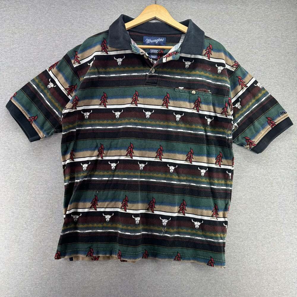 Vintage Wrangler Western Polo Shirt Mens Size L Steer Skull Pepper Aztec Print